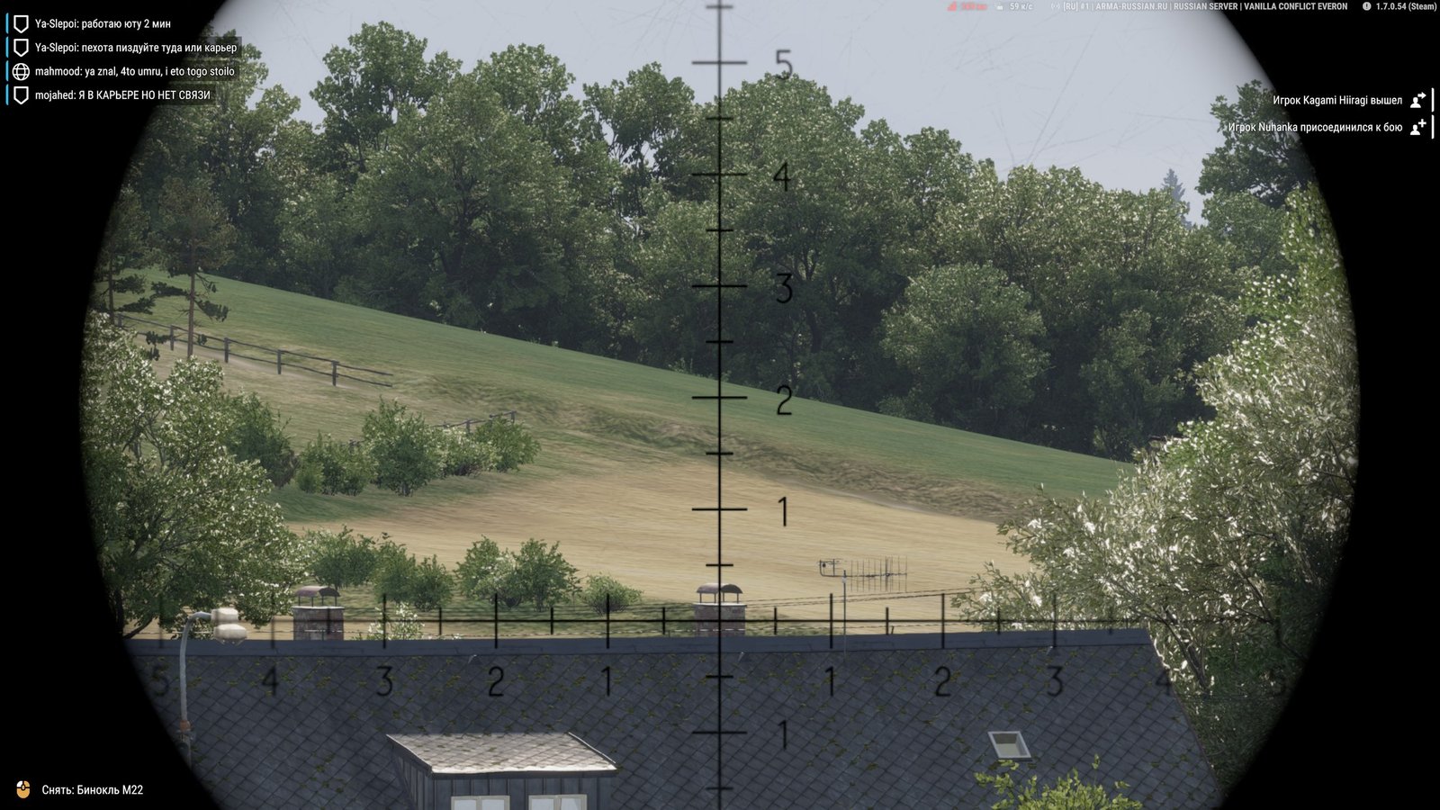 M22 binocular reticle sighted on a hillside, showing the milliradian ranging scale